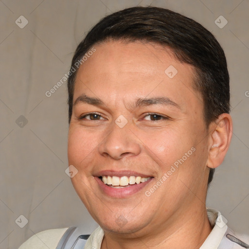 Joyful white adult female with short  brown hair and brown eyes