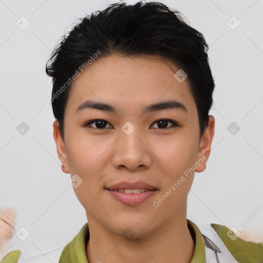 Joyful asian young-adult female with short  black hair and brown eyes