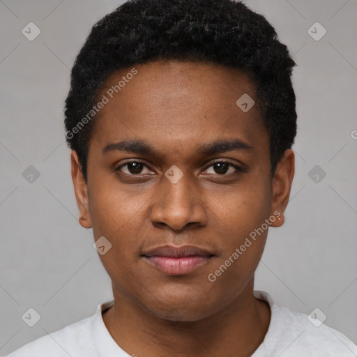 Neutral black young-adult male with short  black hair and brown eyes