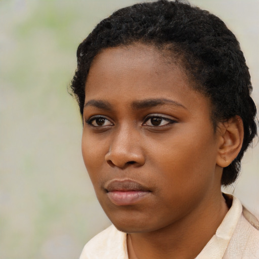 Neutral black young-adult female with short  black hair and brown eyes
