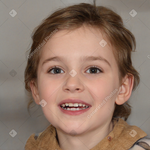 Joyful white child female with medium  brown hair and blue eyes