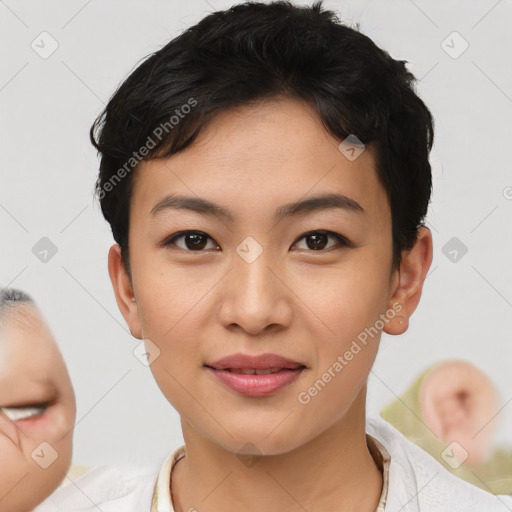 Joyful asian young-adult female with short  brown hair and brown eyes