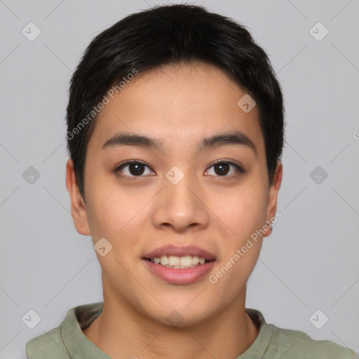 Joyful asian young-adult female with short  brown hair and brown eyes