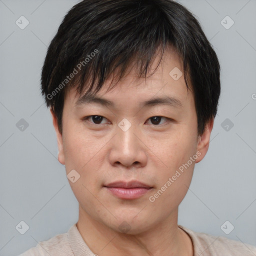 Neutral asian young-adult male with short  brown hair and brown eyes