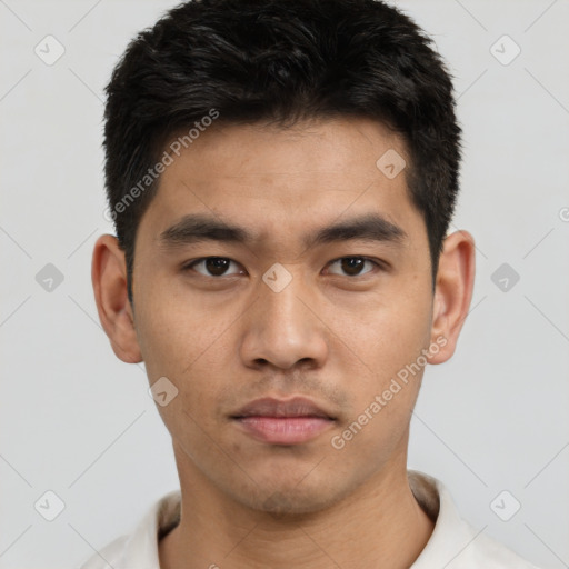 Neutral asian young-adult male with short  black hair and brown eyes