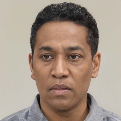 Neutral black adult male with short  black hair and brown eyes