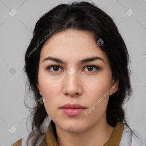 Neutral white young-adult female with medium  brown hair and brown eyes