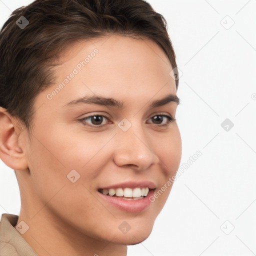 Joyful white young-adult female with short  brown hair and brown eyes