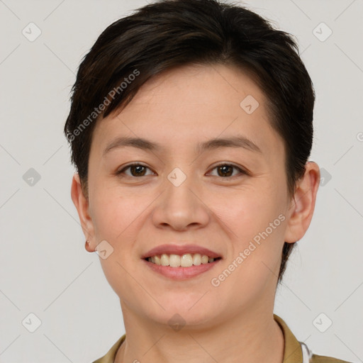 Joyful white young-adult female with short  brown hair and brown eyes