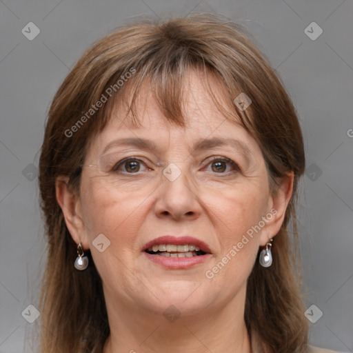 Joyful white adult female with medium  brown hair and grey eyes