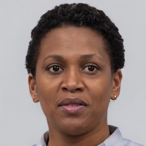 Neutral black adult female with short  brown hair and brown eyes