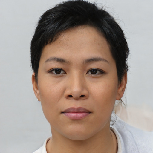 Neutral asian young-adult female with short  brown hair and brown eyes