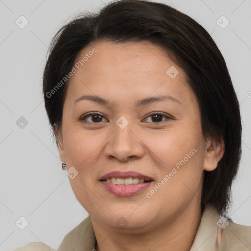 Joyful white adult female with medium  brown hair and brown eyes