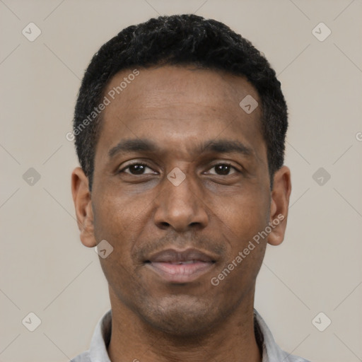 Neutral latino young-adult male with short  black hair and brown eyes