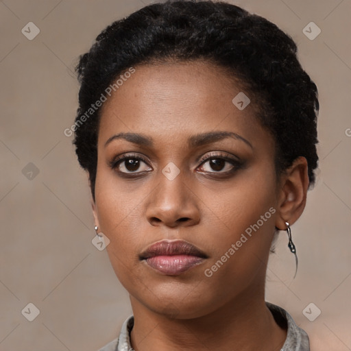 Neutral black young-adult female with short  black hair and brown eyes