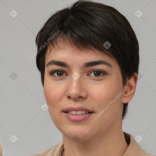 Joyful white young-adult female with medium  brown hair and brown eyes