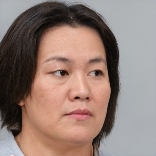 Neutral white adult female with medium  brown hair and brown eyes
