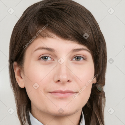 Neutral white young-adult female with medium  brown hair and grey eyes