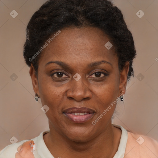 Joyful black adult female with short  brown hair and brown eyes