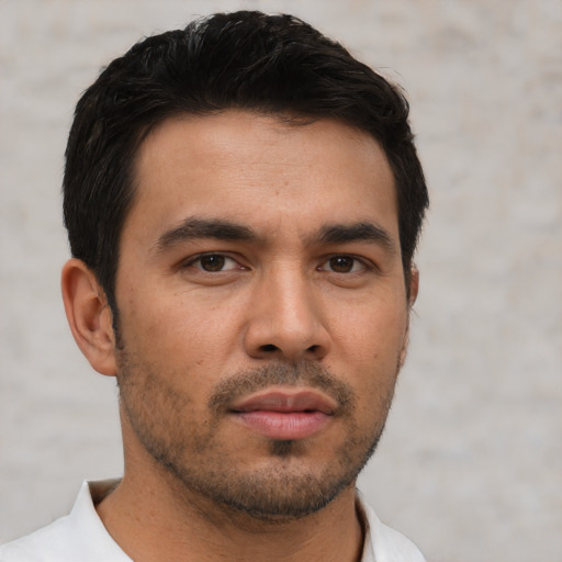 Neutral asian young-adult male with short  black hair and brown eyes