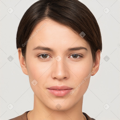 Neutral white young-adult female with short  brown hair and brown eyes