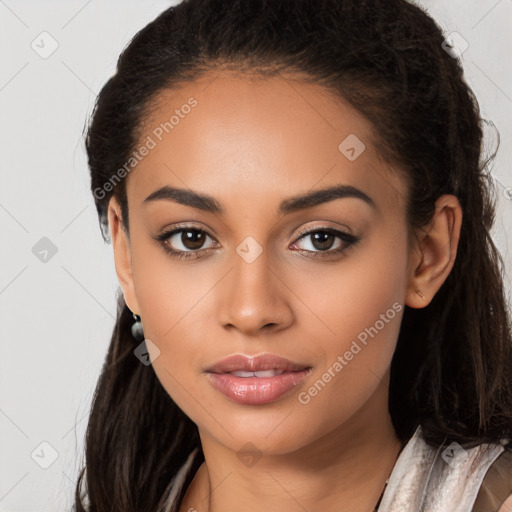 Joyful latino young-adult female with long  black hair and brown eyes