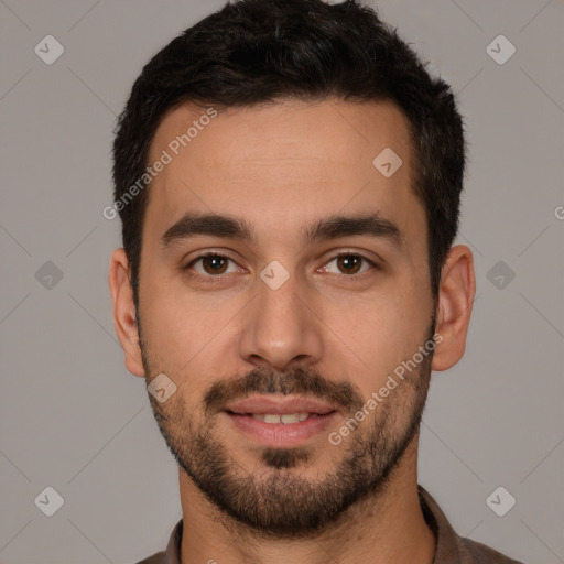 Neutral white young-adult male with short  brown hair and brown eyes