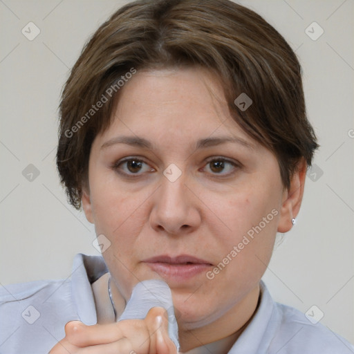 Neutral white adult female with short  brown hair and brown eyes