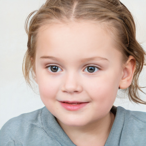 Joyful white child female with medium  brown hair and blue eyes