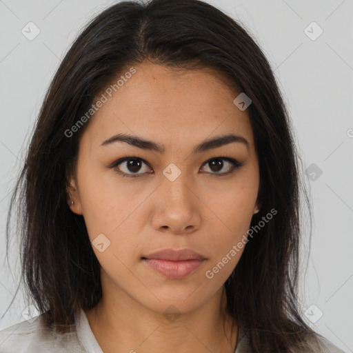 Neutral asian young-adult female with long  brown hair and brown eyes