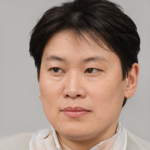 Joyful asian adult female with short  brown hair and brown eyes