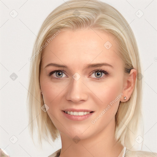 Joyful white young-adult female with medium  brown hair and blue eyes