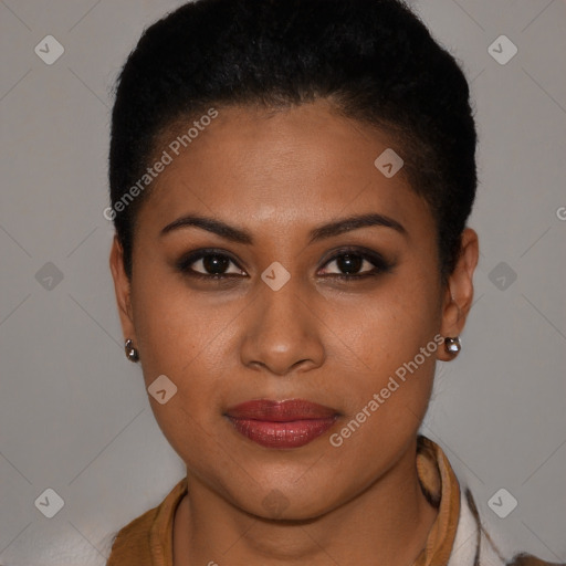 Joyful black young-adult female with short  brown hair and brown eyes