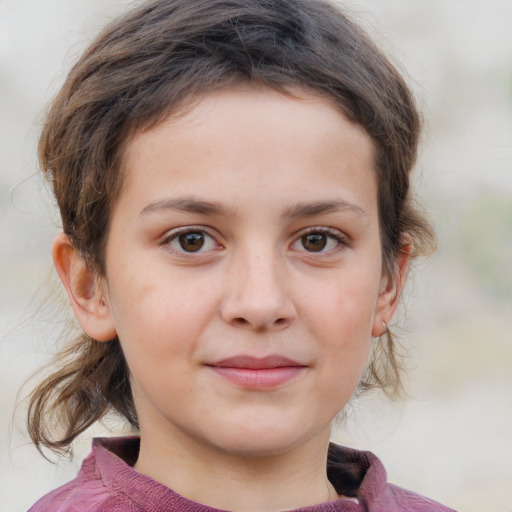 Joyful white child female with medium  brown hair and grey eyes