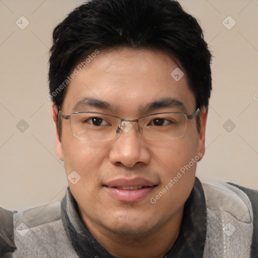 Joyful asian adult male with short  black hair and brown eyes