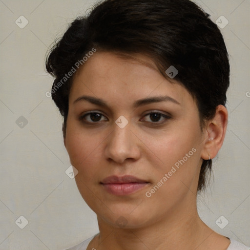 Neutral white young-adult female with short  brown hair and brown eyes