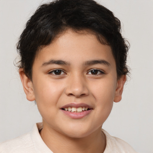 Joyful white child female with short  brown hair and brown eyes