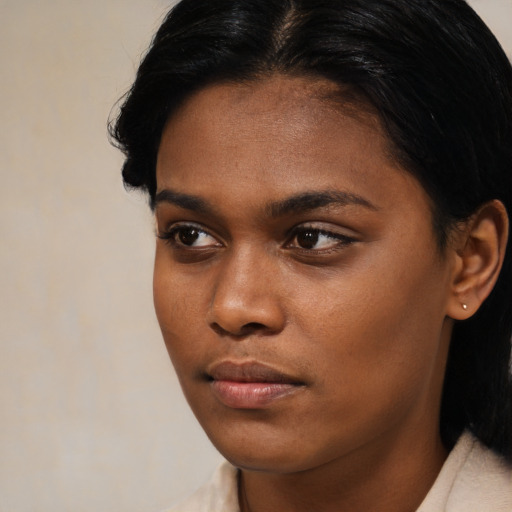 Neutral black young-adult female with medium  black hair and brown eyes