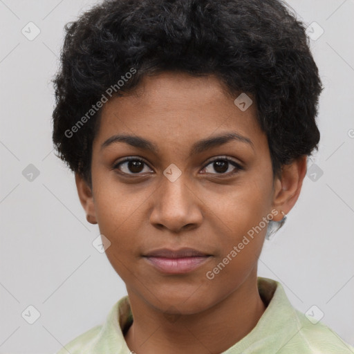 Neutral black young-adult female with short  brown hair and brown eyes