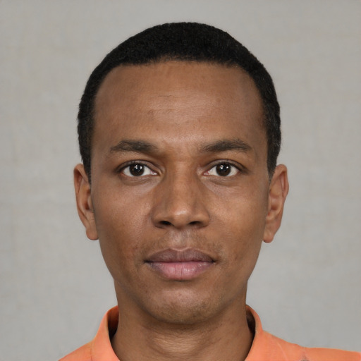 Neutral black young-adult male with short  black hair and brown eyes