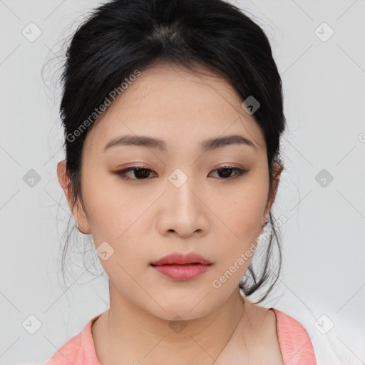 Neutral asian young-adult female with medium  brown hair and brown eyes