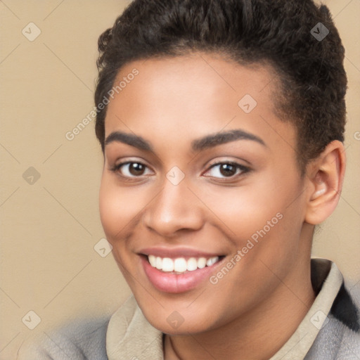 Joyful white young-adult female with short  brown hair and brown eyes