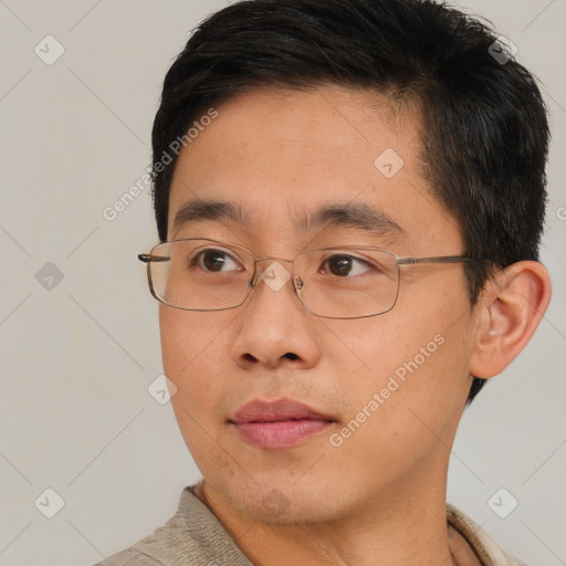 Neutral asian young-adult male with short  brown hair and brown eyes