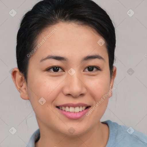 Joyful asian young-adult female with short  brown hair and brown eyes