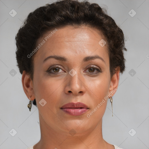 Joyful white adult female with short  brown hair and brown eyes