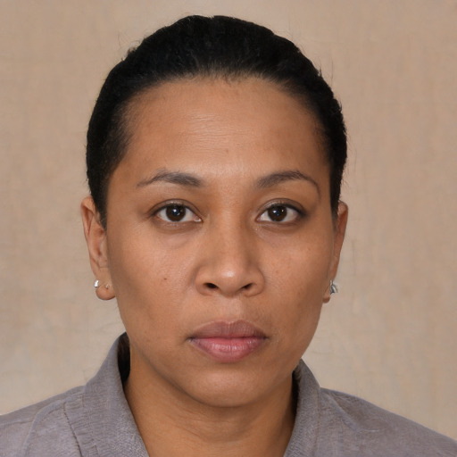 Neutral asian young-adult female with short  black hair and brown eyes