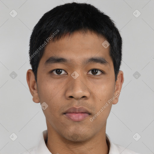 Neutral asian young-adult male with short  black hair and brown eyes