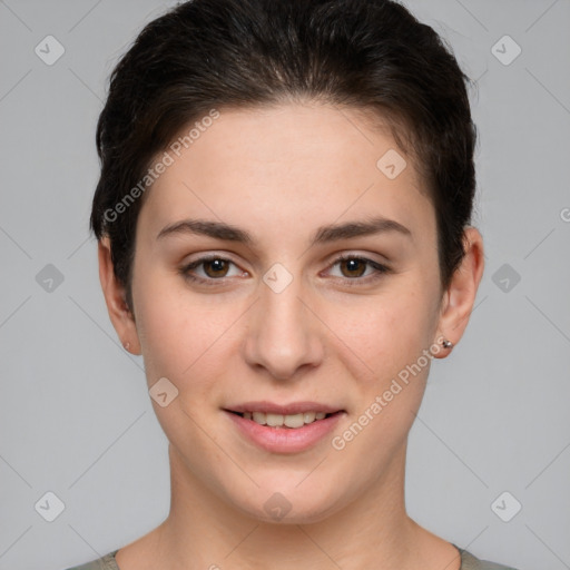 Joyful white young-adult female with short  brown hair and brown eyes