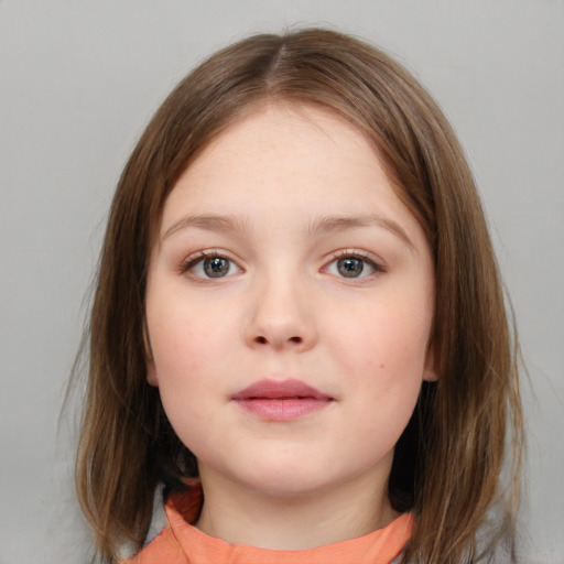 Neutral white child female with medium  brown hair and blue eyes