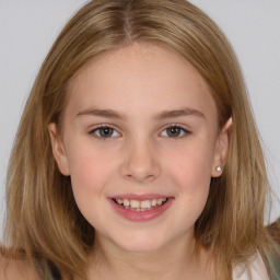 Joyful white child female with medium  brown hair and brown eyes